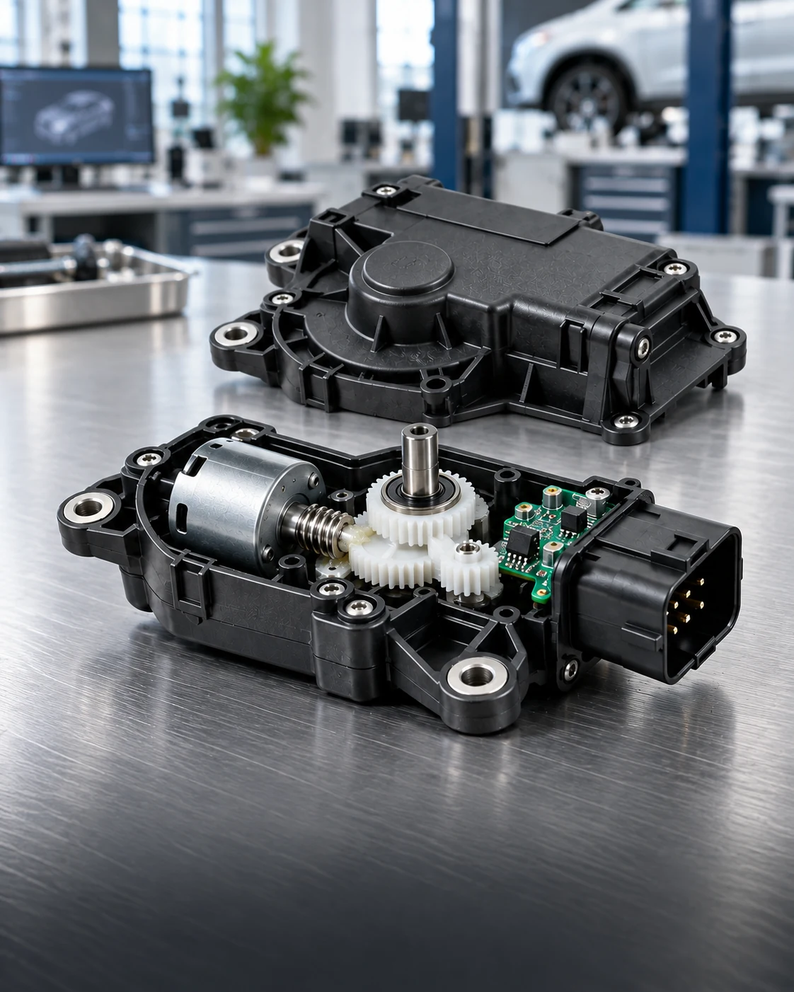 Automotive actuator with its cover open