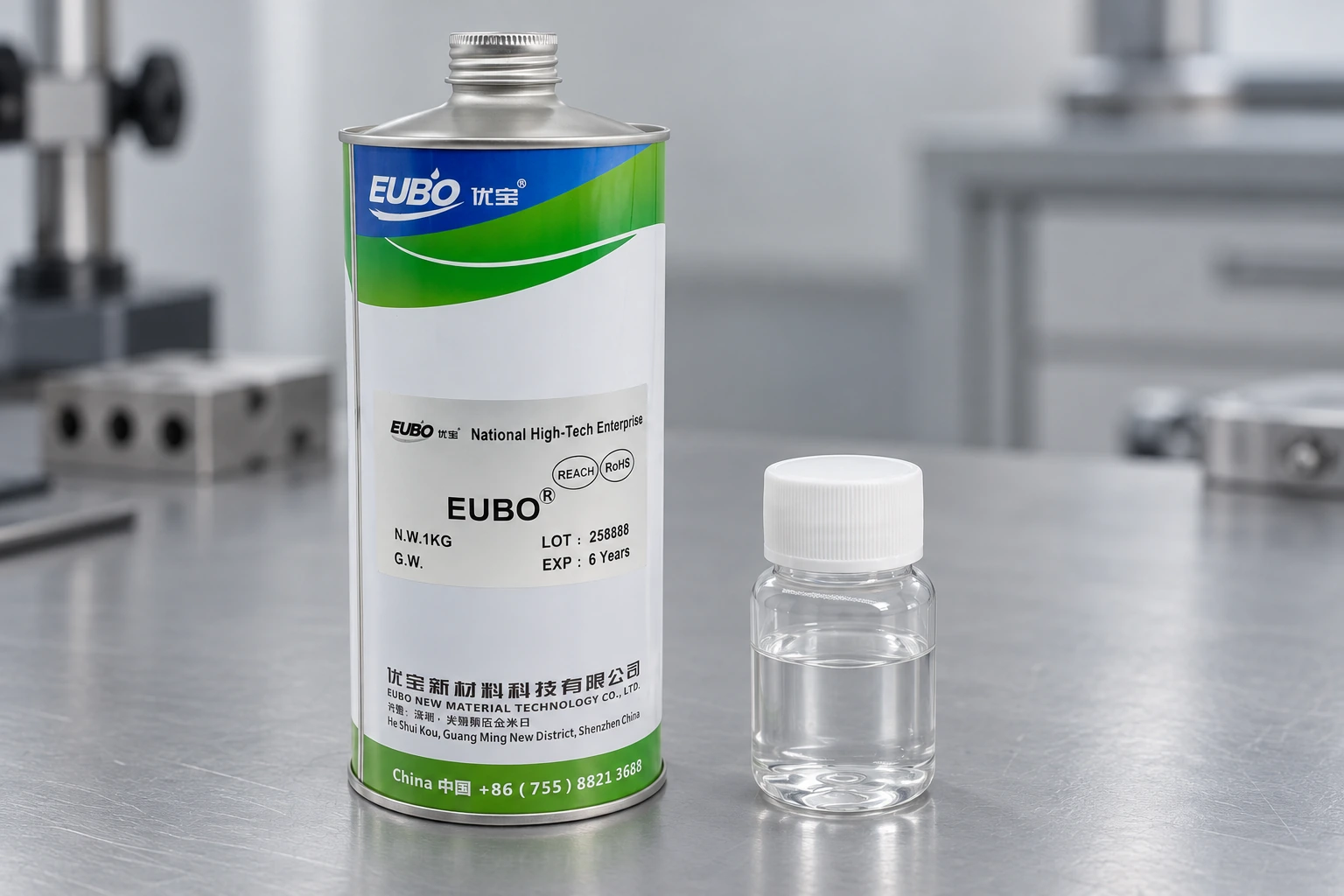 Edited illustrative scene based on EUBO film-lubricant packaging and sample bottle
