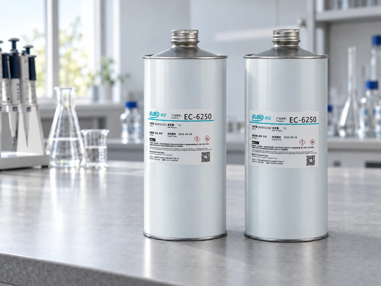 Product scene illustration of smooth light-grey EUBO EC-6250 cans on a laboratory bench