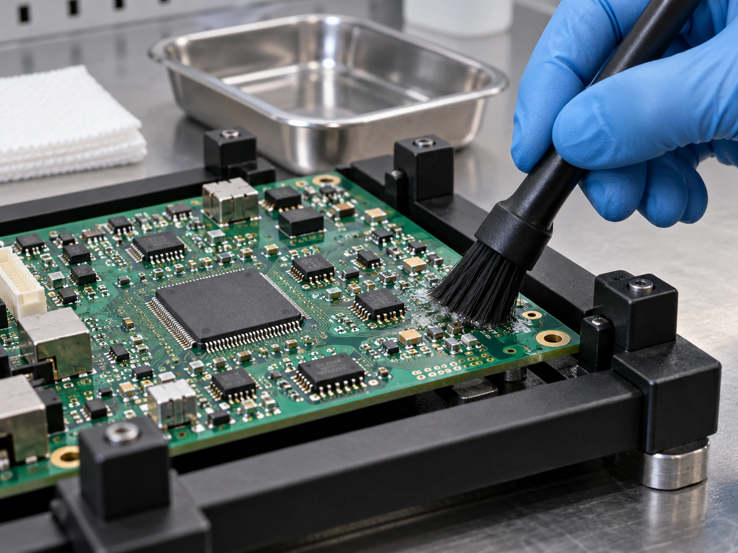 Process illustration of brush cleaning a circuit board held in a fixture